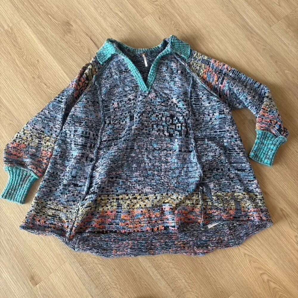 Free People Small Seasons of Sun Tunic Sweater Multi-Color Bohemian Collar Ombre
